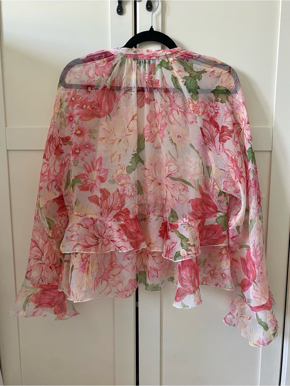 Zara Pink and Green Floral Printed Flowy Blouse with Romantic Ruffle Details XL - Picture 3 of 11